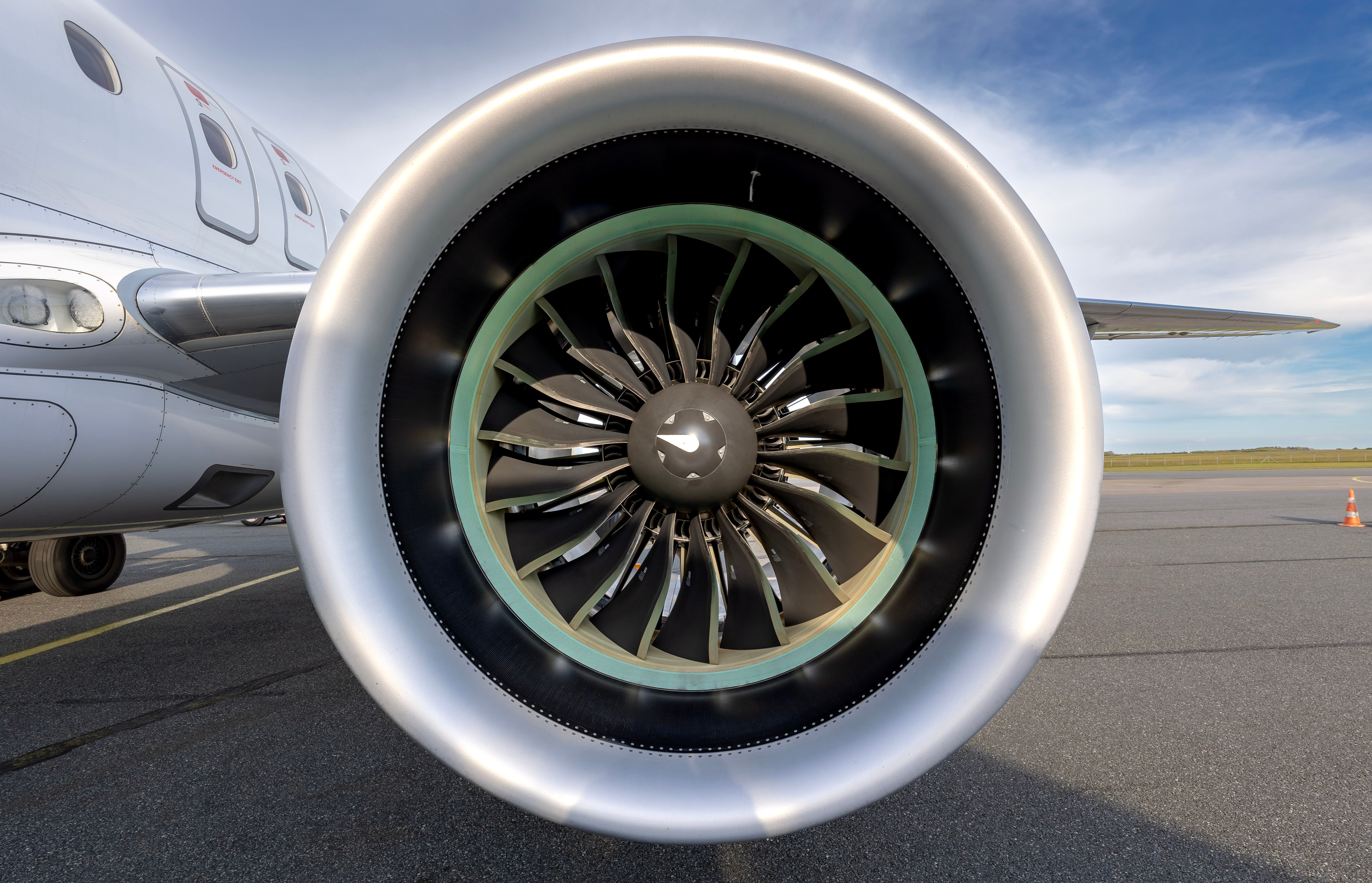 The turbofan engine of an aircraft on an apron