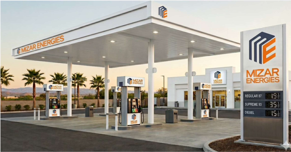 A Mizar Energies retail station forecourt under its canopy at dusk